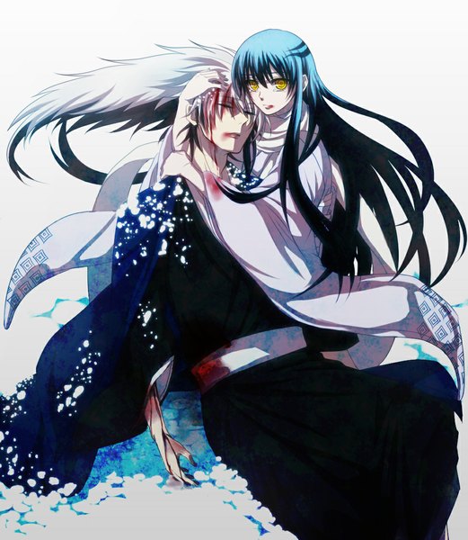 Anime picture 1000x1150 with nurarihyon no mago nura rikuo yuki onna (nurarihyon no mago) oikawa tsurara kei (space sonic) long hair tall image fringe black hair yellow eyes blue hair white hair eyes closed traditional clothes japanese clothes multicolored hair two-tone hair hug tears snow