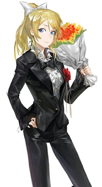 Anime picture 438x800 with love live! school idol project sunrise (studio) love live! ayase eli modare single long hair tall image looking at viewer fringe blue eyes simple background blonde hair white background girl bow hair bow bowtie tuxedo