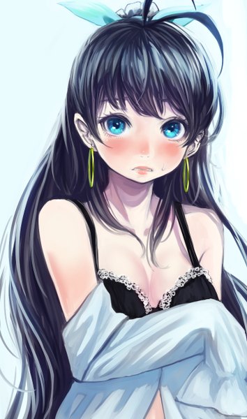 Anime picture 768x1300 with idolmaster ganaha hibiki bukimi isan single long hair tall image looking at viewer blush fringe blue eyes black hair simple background ahoge girl bow hair bow earrings lingerie bra black bra