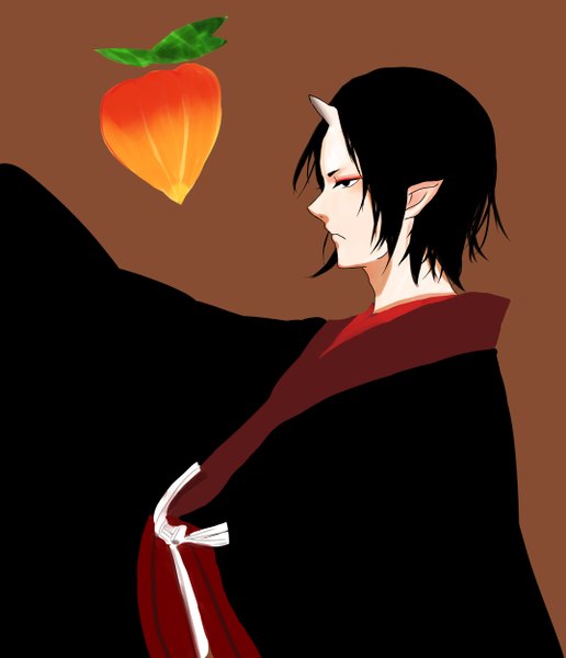 Anime picture 2151x2500 with hoozuki no reitetsu wit studio hoozuki (hoozuki no reitetsu) rokuhana natsume single tall image highres short hair black hair simple background japanese clothes profile horn (horns) pointy ears black eyes pale skin brown background demon boy physalis