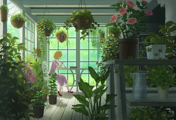 Anime picture 1460x1000 with original doora (dora0913) single short hair blonde hair sitting girl dress flower (flowers) plant (plants) book (books) chair sundress table potted plant