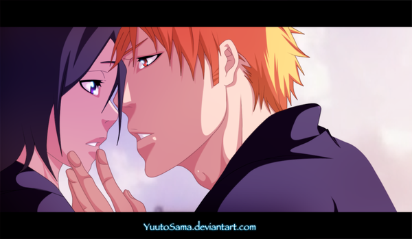 Anime picture 1000x583 with bleach studio pierrot kurosaki ichigo kuchiki rukia raaa-kun short hair black hair red eyes wide image purple eyes sky japanese clothes profile orange hair coloring close-up face to face almost kiss girl boy