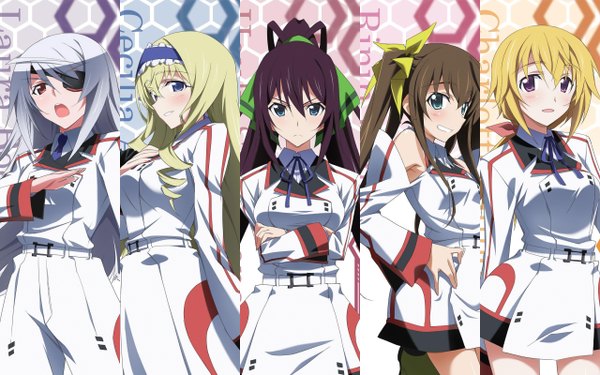 Anime picture 2560x1600 with infinite stratos 8bit charles dunois laura bodewig cecilia orcott shinonono houki fang linyin long hair blush highres blue eyes black hair blonde hair smile red eyes brown hair wide image purple eyes twintails multiple girls