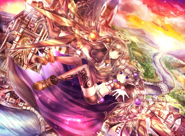Anime picture 2026x1499 with original rudia long hair looking at viewer blush highres purple eyes multiple girls sky silver hair cloud (clouds) braid (braids) pointy ears orange eyes flying river mechanical wings girl thighhighs dress