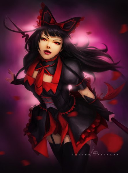 Anime picture 1024x1382 with gate - jieitai ka no chi nite kaku tatakaeri a-1 pictures rory mercury brian rivera single long hair tall image looking at viewer fringe breasts red eyes signed cleavage parted lips from above wind realistic inscription leaning leaning forward