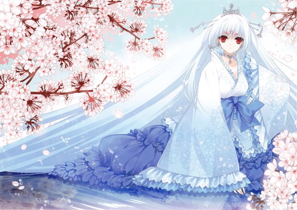Anime picture 3074x2179 with original eshi 100-nin ten suzuhira hiro single long hair looking at viewer highres red eyes absurdres white hair cherry blossoms girl dress petals frills crown