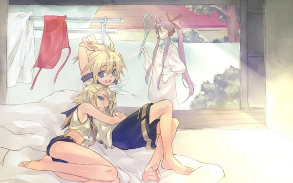 Anime picture 1280x800 with vocaloid kagamine rin kagamine len kamui gakupo long hair short hair blue eyes blonde hair wide image purple hair tail bare legs hug twins street girl boy window headphones bed