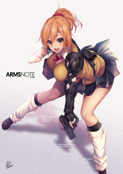 Anime picture 870x1230 with arms note exoarm joshikousei fukai ryosuke single tall image looking at viewer blush fringe short hair breasts open mouth light erotic blonde hair hair between eyes large breasts green eyes signed ponytail :d shadow