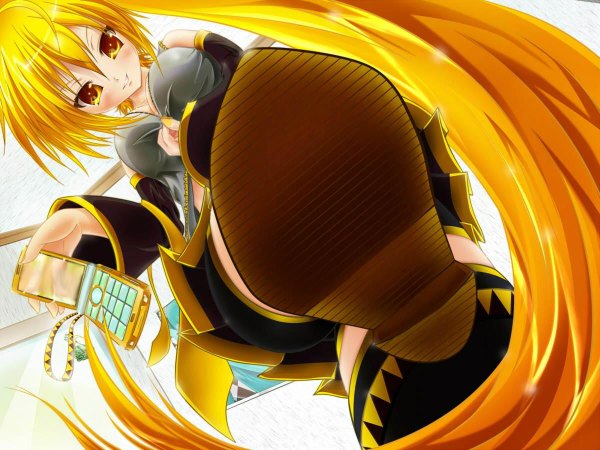 Anime picture 1200x900 with vocaloid akita neru looking at viewer blush breasts simple background blonde hair smile holding yellow eyes ponytail very long hair from below girl skirt detached sleeves boots thigh boots phone