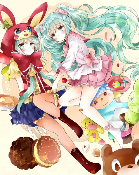 Anime picture 1320x1664 with vocaloid lol -lots of laugh- (vocaloid) hatsune miku tsukiyo (skymint) long hair tall image blush fringe twintails multiple girls looking away bent knee (knees) very long hair pleated skirt aqua eyes aqua hair short sleeves lacing frilly skirt girl