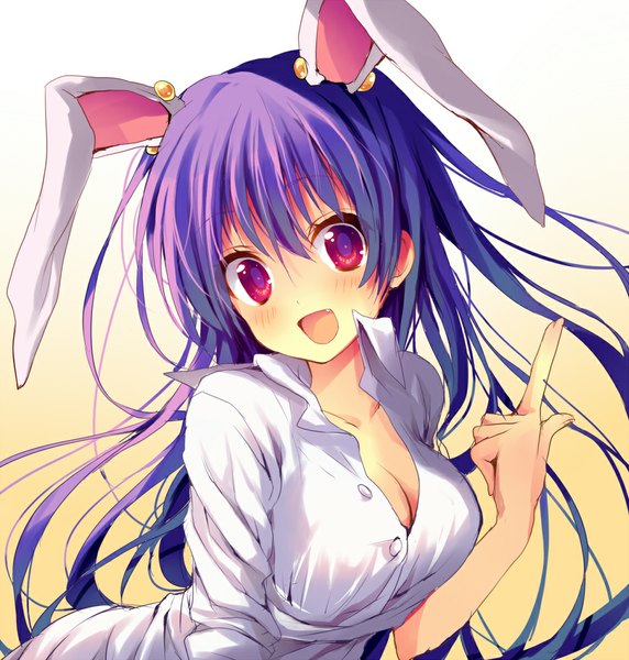 Anime picture 953x1000 with touhou reisen udongein inaba reia single long hair tall image looking at viewer blush breasts open mouth simple background red eyes animal ears cleavage purple hair teeth fang (fangs) bunny ears girl shirt