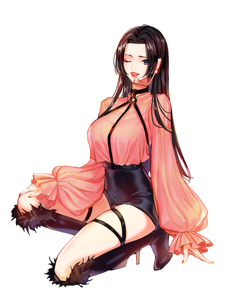 Anime picture 743x984 with one piece toei animation boa hancock jyun (pixiv14105493) single long hair tall image looking at viewer blue eyes black hair payot full body nail polish one eye closed high heels alternate costume lipstick squat transparent background red lipstick