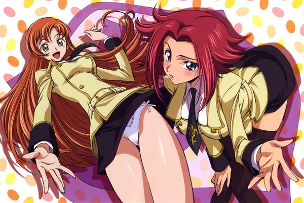 Anime picture 5387x3611 with code geass sunrise (studio) kallen stadtfeld shirley fenette kimura takahiro long hair looking at viewer blush highres short hair breasts open mouth blue eyes light erotic large breasts multiple girls green eyes red hair scan copyright name