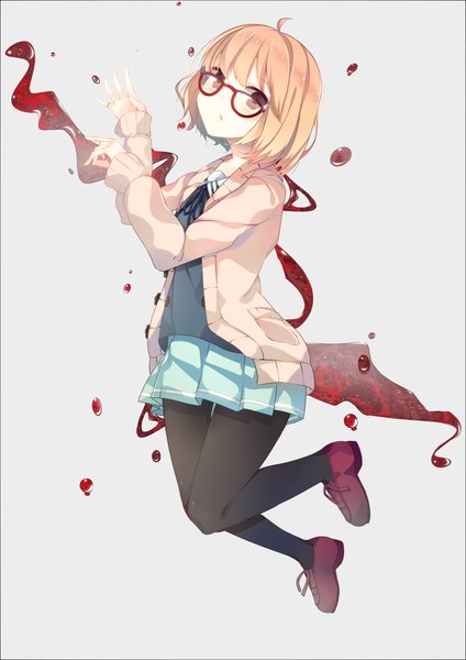 Anime picture 1500x2122 with kyoukai no kanata kyoto animation kuriyama mirai benio (dontsugel) single tall image looking at viewer short hair blonde hair brown eyes girl skirt uniform weapon school uniform pantyhose sword glasses black pantyhose blood