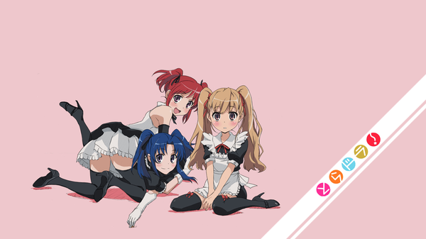 Anime picture 1280x720 with toradora j.c. staff aisaka taiga kawashima ami kushieda minori wide image maid pink background