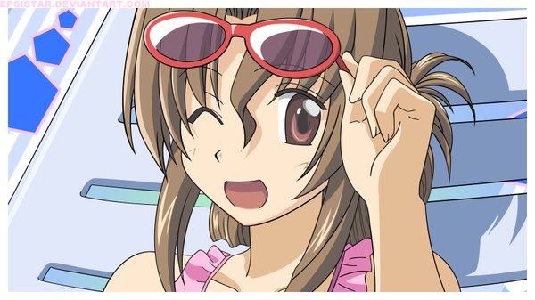 Anime picture 1600x900 with hayate no gotoku! maria (hayate no gotoku!) long hair fringe open mouth hair between eyes brown hair wide image brown eyes signed one eye closed wink shadow face girl sunglasses