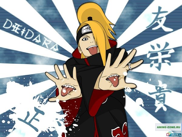 Anime picture 1024x768 with naruto studio pierrot naruto (series) deidara single long hair looking at viewer fringe blonde hair upper body ponytail hair over one eye grey eyes character names outstretched arm hieroglyph striped pointing akatsuki striped background