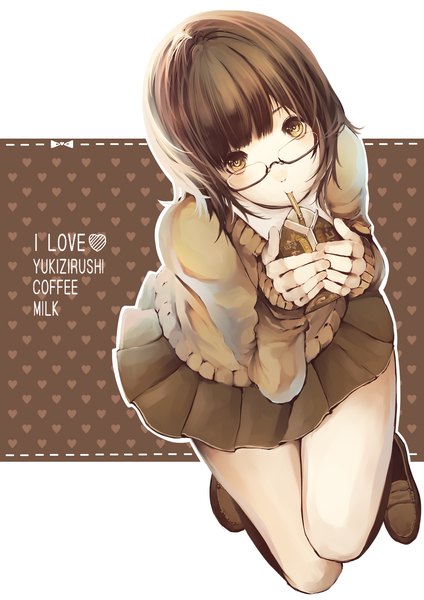 Anime picture 1200x1697 with original ryota (ry o ta) single tall image looking at viewer fringe short hair brown hair holding brown eyes pleated skirt from above inscription mouth hold drinking girl skirt miniskirt socks glasses