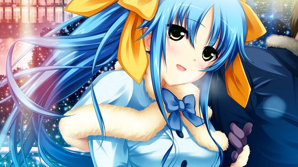 Anime picture 1280x720 with asa project ren'ai 0 kilometer kinomoto mayo hiiragi akeo (artist) long hair wide image twintails green eyes blue hair game cg girl bow hair bow