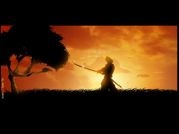 Anime picture 1024x768 with evening sunset red background orange background samurai plant (plants) sword tree (trees) katana grass