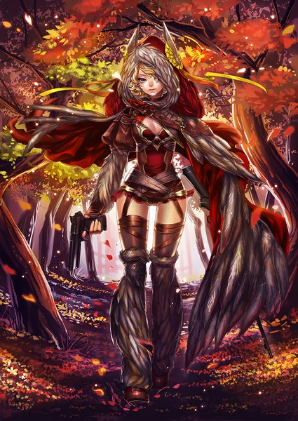 Anime picture 708x1000 with original coga single tall image looking at viewer fringe short hair blue eyes blonde hair wind hair over one eye autumn girl thighhighs ribbon (ribbons) weapon black thighhighs plant (plants) petals tree (trees)