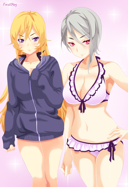 Anime picture 1800x2632 with shokugeki no soma j.c. staff nakiri erina nakiri alice facu10mag long hair tall image looking at viewer blush highres short hair breasts light erotic blonde hair red eyes purple eyes multiple girls grey hair bare belly hand on hip