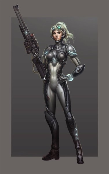 Anime picture 600x957 with starcraft blizzard entertainment nova (starcraft) paul (shiramune) single long hair tall image looking at viewer breasts blue eyes simple background standing lips grey hair realistic grey background framed girl weapon gun