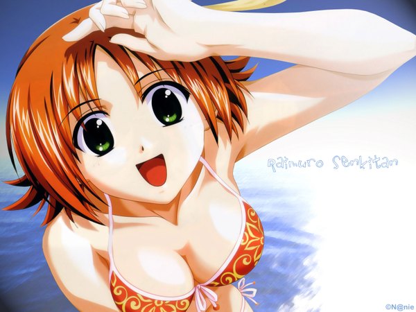 Anime picture 1600x1200 with raimuiro senkitan sanada momen looking at viewer short hair breasts open mouth light erotic green eyes inscription orange eyes wallpaper girl swimsuit bikini floral print bikini