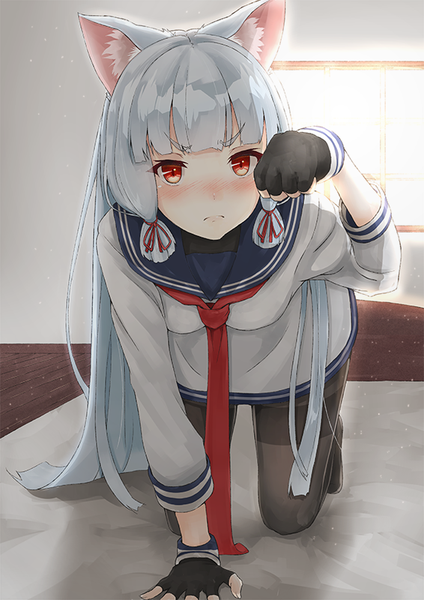 Anime picture 566x800 with kantai collection murakumo destroyer remil single tall image looking at viewer blush fringe breasts red eyes animal ears payot silver hair full body indoors blunt bangs very long hair head tilt sunlight cat ears