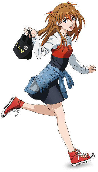 Anime picture 510x890 with neon genesis evangelion gainax soryu asuka langley single long hair tall image fringe open mouth blue eyes hair between eyes brown hair full body transparent background running clothes around waist girl dress shoes bag sneakers