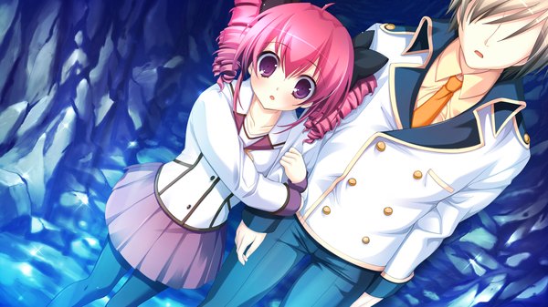 Anime picture 1920x1080 with hyper highspeed genius patricia lancaster highres short hair red eyes brown hair wide image pink hair game cg couple drill hair girl boy serafuku