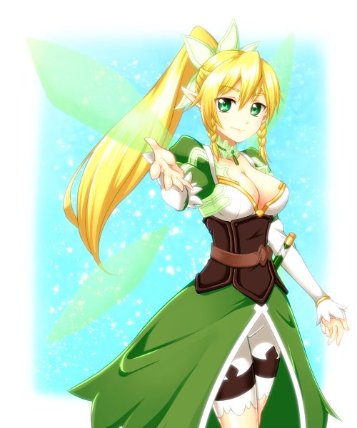 Anime picture 1000x1200 with sword art online a-1 pictures leafa suzaku4752 single long hair tall image blonde hair green eyes ponytail braid (braids) pointy ears twin braids elf girl dress wings