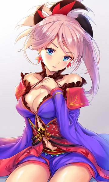 Anime picture 1800x3009 with fate (series) fate/grand order miyamoto musashi (fate) pdxen single long hair tall image looking at viewer blush fringe highres breasts blue eyes light erotic simple background sitting bare shoulders pink hair cleavage traditional clothes