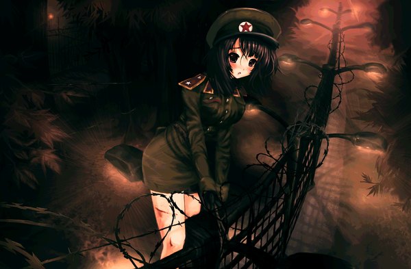 Anime picture 3969x2600 with original dedor single blush highres short hair open mouth black hair absurdres black eyes girl uniform blood military uniform peaked cap fence barbed wire
