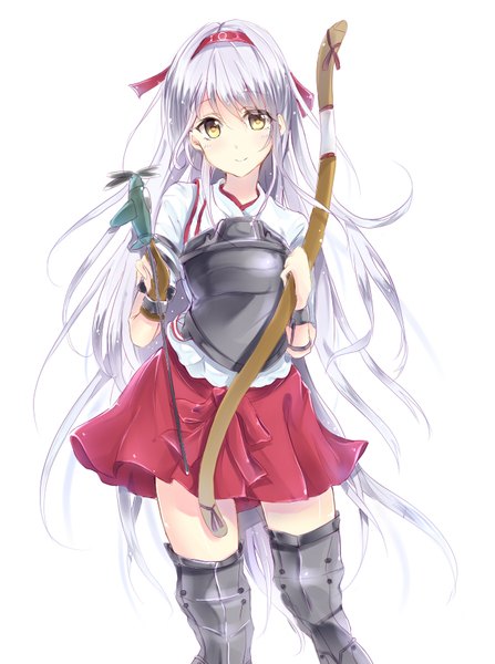Anime picture 670x898 with kantai collection shoukaku aircraft carrier takitou single tall image looking at viewer fringe simple background white background holding yellow eyes silver hair head tilt light smile girl skirt weapon hairband armor toy