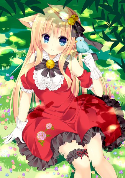 Anime picture 867x1227 with original bekotarou single long hair tall image looking at viewer blush fringe blue eyes blonde hair smile sitting holding animal ears from above shadow fox ears floral print bell collar hair bell