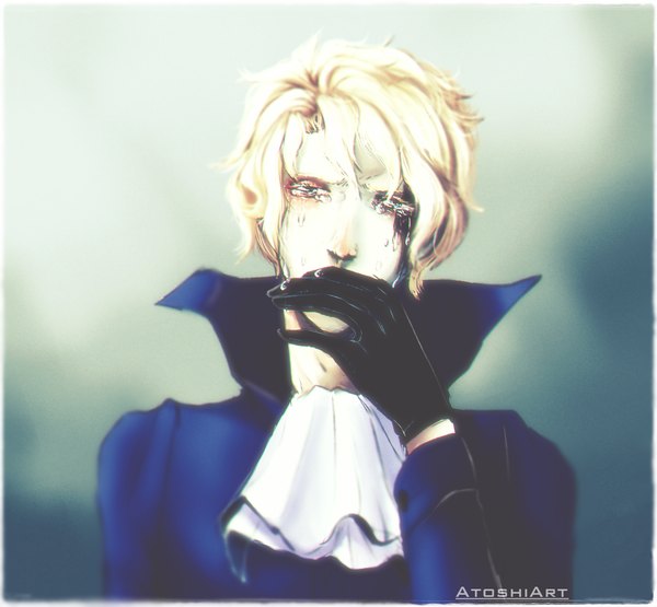 Anime picture 1170x1084 with one piece toei animation sabo (one piece) atoshiart single looking at viewer fringe short hair blue eyes blonde hair head tilt tears sad white skin boy gloves black gloves neckerchief clothes