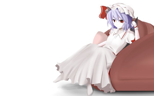 Anime picture 1440x900 with touhou remilia scarlet rexlent single short hair red eyes wide image white background sitting looking away purple hair arm support wallpaper girl dress bow hat wings white dress pillow