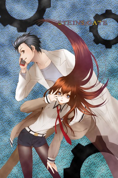 Anime picture 1000x1500 with steins;gate white fox makise kurisu okabe rintarou yukimitsuki long hair tall image looking at viewer short hair blue eyes black hair brown hair profile victory girl boy pantyhose necktie shorts phone