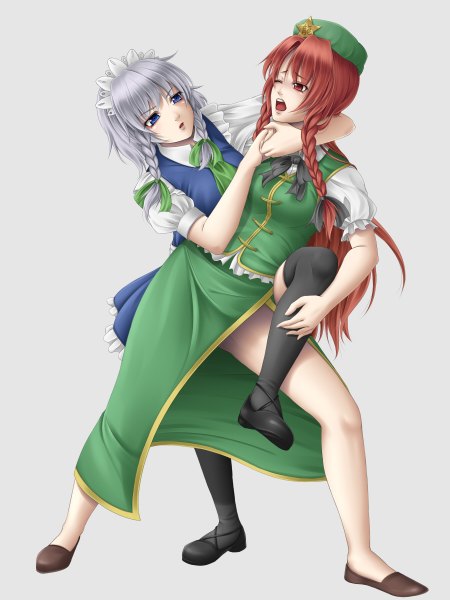 Anime picture 900x1200 with touhou izayoi sakuya hong meiling mochi.f tall image open mouth blue eyes simple background red eyes white background multiple girls silver hair red hair braid (braids) maid twin braids girl thighhighs skirt black thighhighs