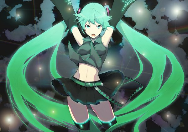 Anime picture 1024x719 with vocaloid hatsune miku tsujisaki single long hair looking at viewer open mouth standing twintails cloud (clouds) very long hair aqua eyes aqua hair night night sky girl thighhighs skirt navel black thighhighs