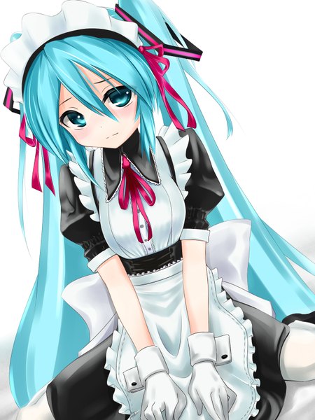 Anime picture 1200x1600 with vocaloid hatsune miku dangan-cat single tall image looking at viewer blush simple background white background twintails very long hair aqua eyes aqua hair maid girl gloves ribbon (ribbons) hair ribbon headdress maid headdress