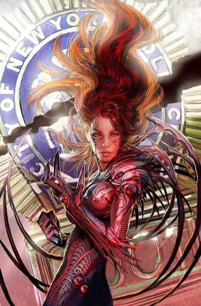 Anime picture 1000x1518 with witchblade nebezial single long hair tall image looking at viewer red eyes red hair orange hair realistic girl weapon bodysuit blade