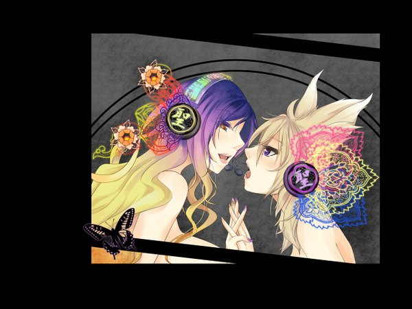 Anime picture 1280x960 with touhou vocaloid magnet (vocaloid) hijiri byakuren toyosatomimi no miko tagme (artist) long hair short hair open mouth simple background blonde hair purple eyes brown eyes purple hair nail polish multicolored hair nude holding hands black background singing