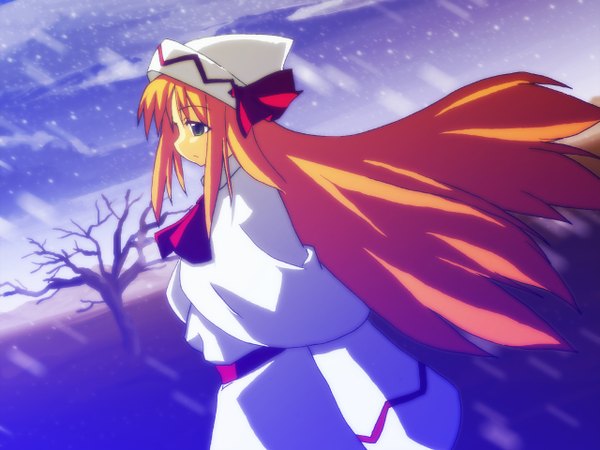 Anime picture 1280x960 with touhou lily white tagme (artist) single long hair blue eyes blonde hair looking away profile wind snowing expressionless bare tree girl plant (plants) hat tree (trees) ascot