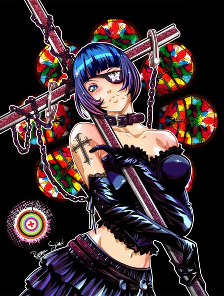 Anime picture 1844x2443 with ikkitousen ryomou shimei isshi single tall image blush highres short hair blue eyes bare shoulders blue hair tattoo black background gothic girl gloves elbow gloves chain collar eyepatch