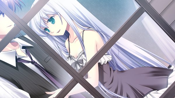 Anime picture 1280x720 with end sleep long hair blue eyes brown hair wide image bare shoulders brown eyes game cg silver hair couple girl dress boy necktie window