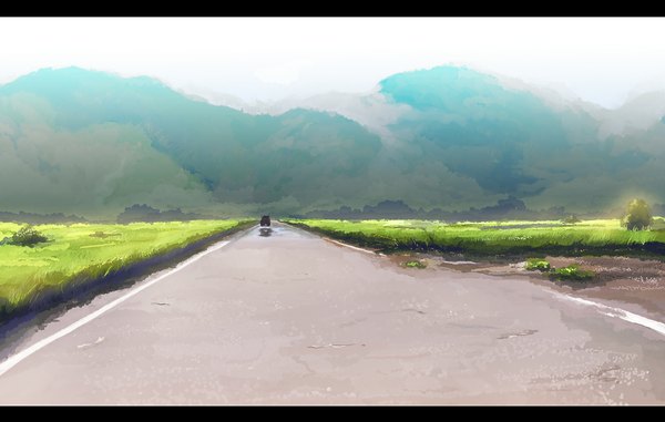 Anime picture 1000x635 with original ryouma (galley) mountain landscape plant (plants) grass ground vehicle car road