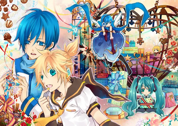 Anime picture 1414x1000 with vocaloid hatsune miku kagamine rin kagamine len kaito (vocaloid) kaiko blue eyes twintails blue hair aqua eyes group girl flower (flowers) wings food heart sweets headphones scarf staff