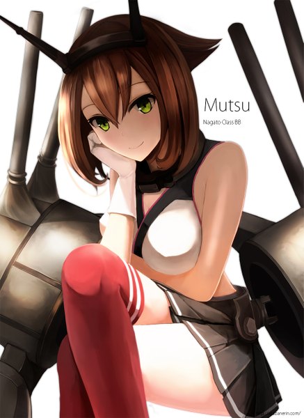 Anime picture 985x1350 with kantai collection mutsu battleship akabane rin single tall image looking at viewer short hair brown hair bare shoulders green eyes crossed legs girl thighhighs hair ornament weapon